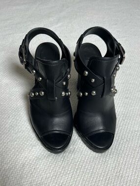 Polo by Ralph Lauren Black Studded Leather Peep-Toe Mules 37 — Made in Spain